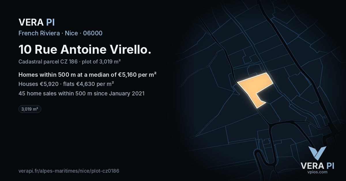 10 Rue Antoine Virello, Nice at night – the plot lit, the parcels around coloured by the prices near them