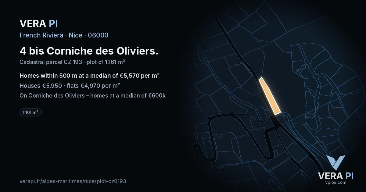 4 bis Corniche des Oliviers, Nice at night – the plot lit, the parcels around coloured by the prices near them