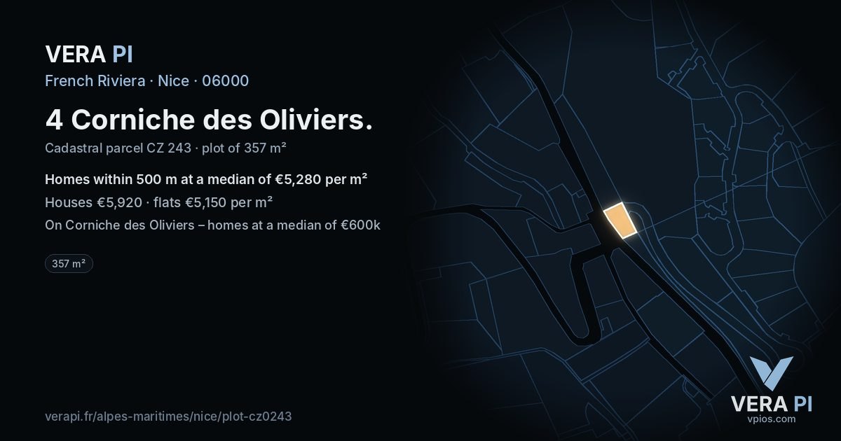 4 Corniche des Oliviers, Nice at night – the plot lit, the parcels around coloured by the prices near them