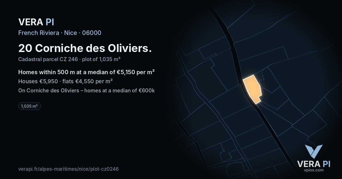 20 Corniche des Oliviers, Nice at night – the plot lit, the parcels around coloured by the prices near them