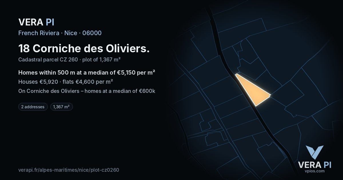18 Corniche des Oliviers, Nice at night – the plot lit, the parcels around coloured by the prices near them