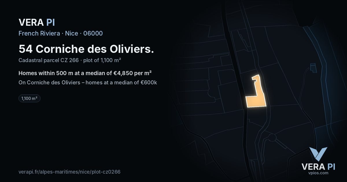 54 Corniche des Oliviers, Nice at night – the plot lit, the parcels around coloured by the prices near them