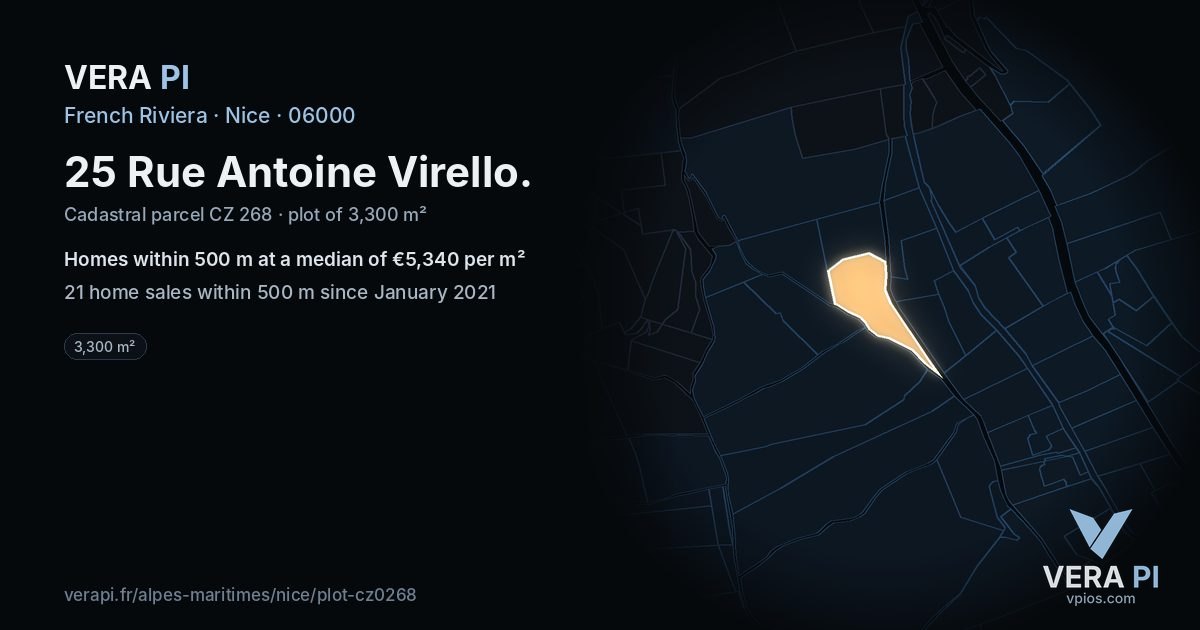 25 Rue Antoine Virello, Nice at night – the plot lit, the parcels around coloured by the prices near them