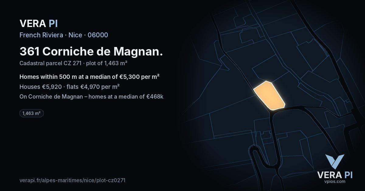 361 Corniche de Magnan, Nice at night – the plot lit, the parcels around coloured by the prices near them