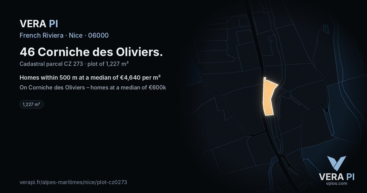 46 Corniche des Oliviers, Nice at night – the plot lit, the parcels around coloured by the prices near them