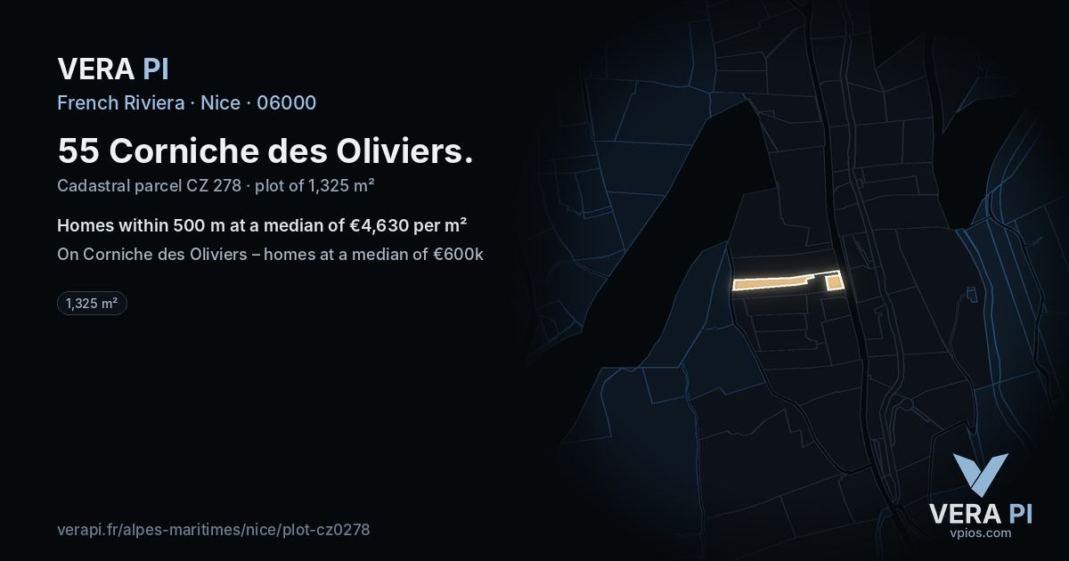 55 Corniche des Oliviers, Nice at night – the plot lit, the parcels around coloured by the prices near them