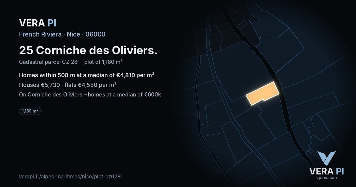 25 Corniche des Oliviers, Nice at night – the plot lit, the parcels around coloured by the prices near them