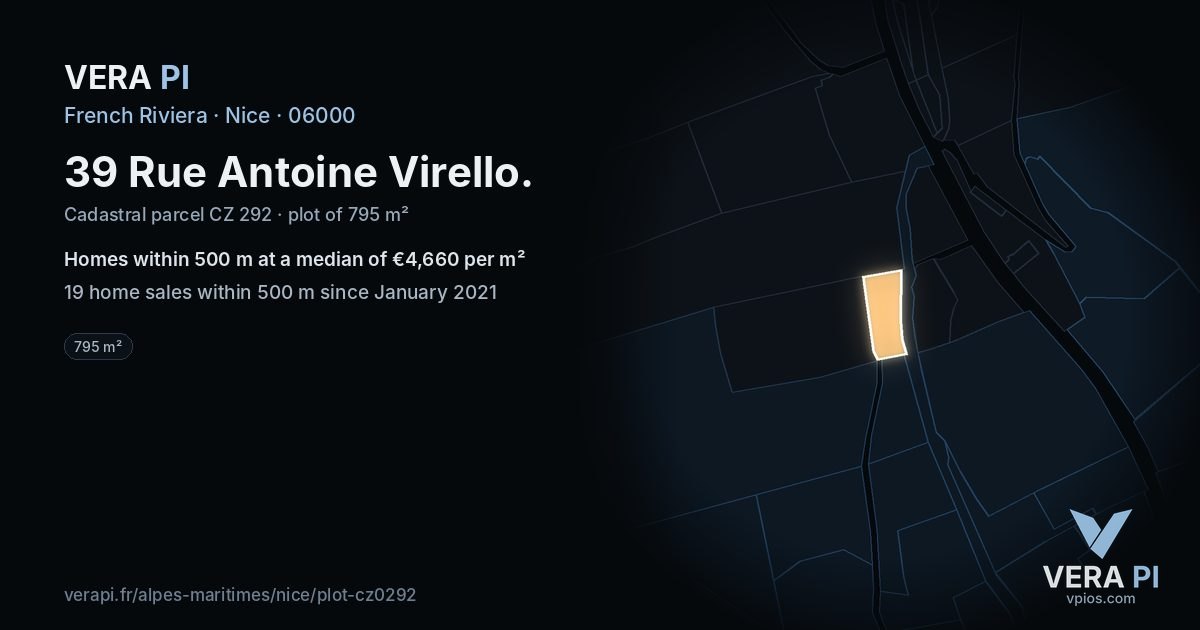 39 Rue Antoine Virello, Nice at night – the plot lit, the parcels around coloured by the prices near them