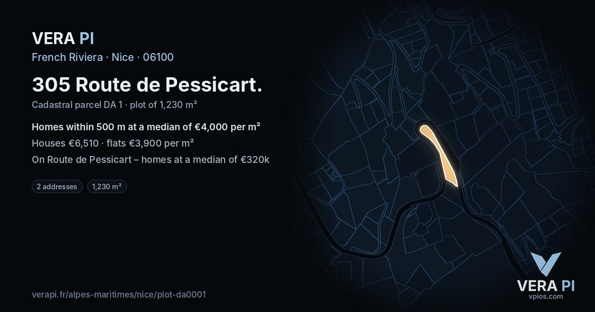 305 Route de Pessicart, Nice at night – the plot lit, the parcels around coloured by the prices near them