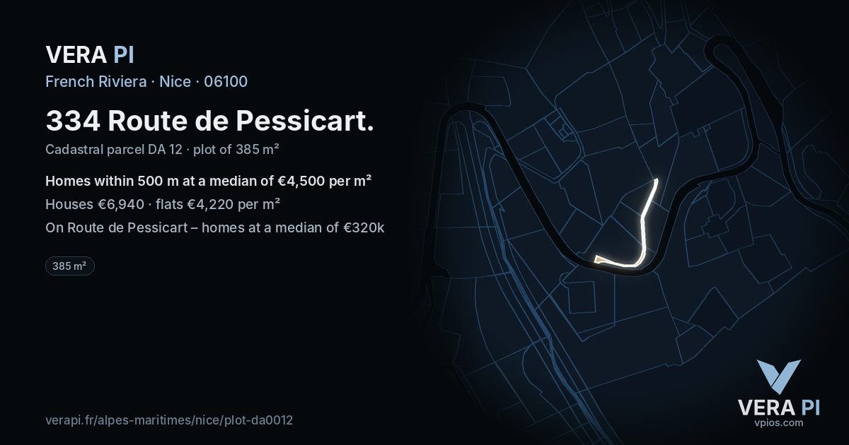 334 Route de Pessicart, Nice at night – the plot lit, the parcels around coloured by the prices near them