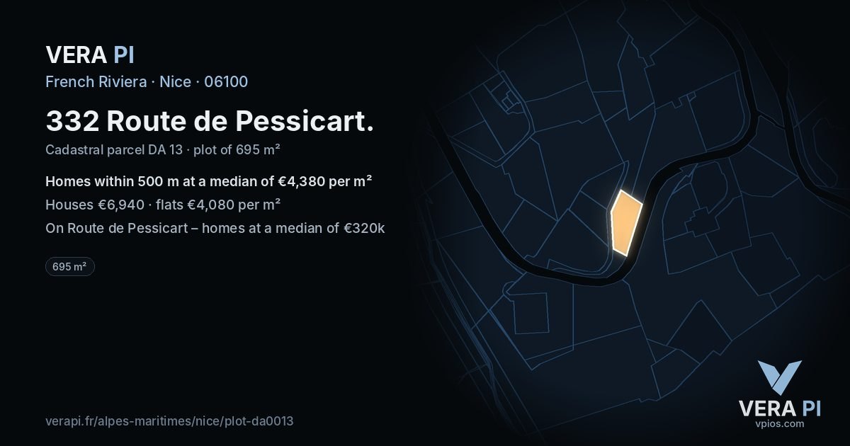 332 Route de Pessicart, Nice at night – the plot lit, the parcels around coloured by the prices near them