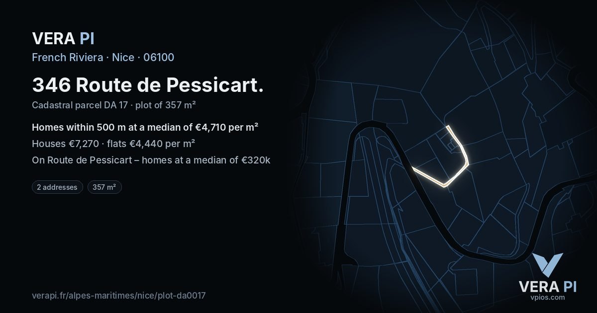 346 Route de Pessicart, Nice at night – the plot lit, the parcels around coloured by the prices near them