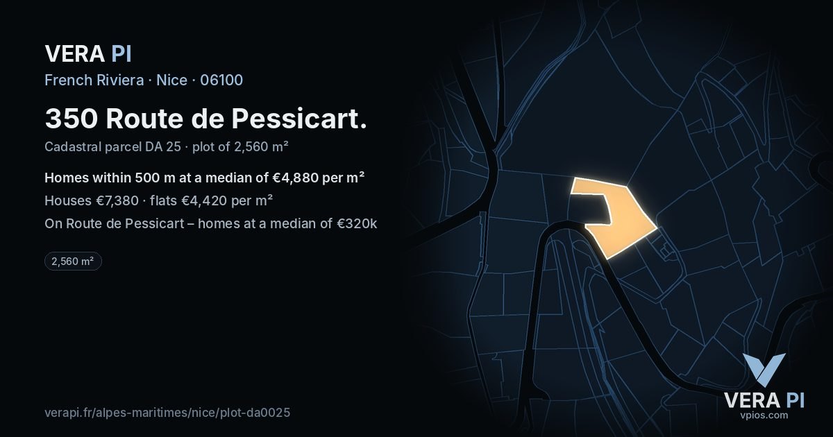 350 Route de Pessicart, Nice at night – the plot lit, the parcels around coloured by the prices near them