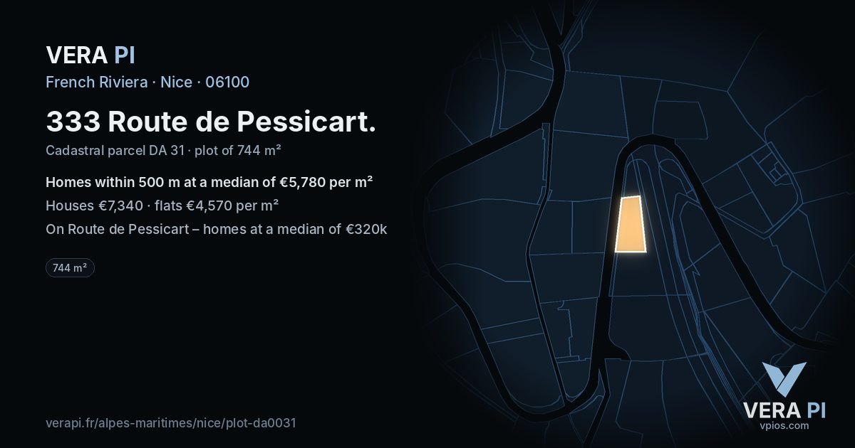 333 Route de Pessicart, Nice at night – the plot lit, the parcels around coloured by the prices near them