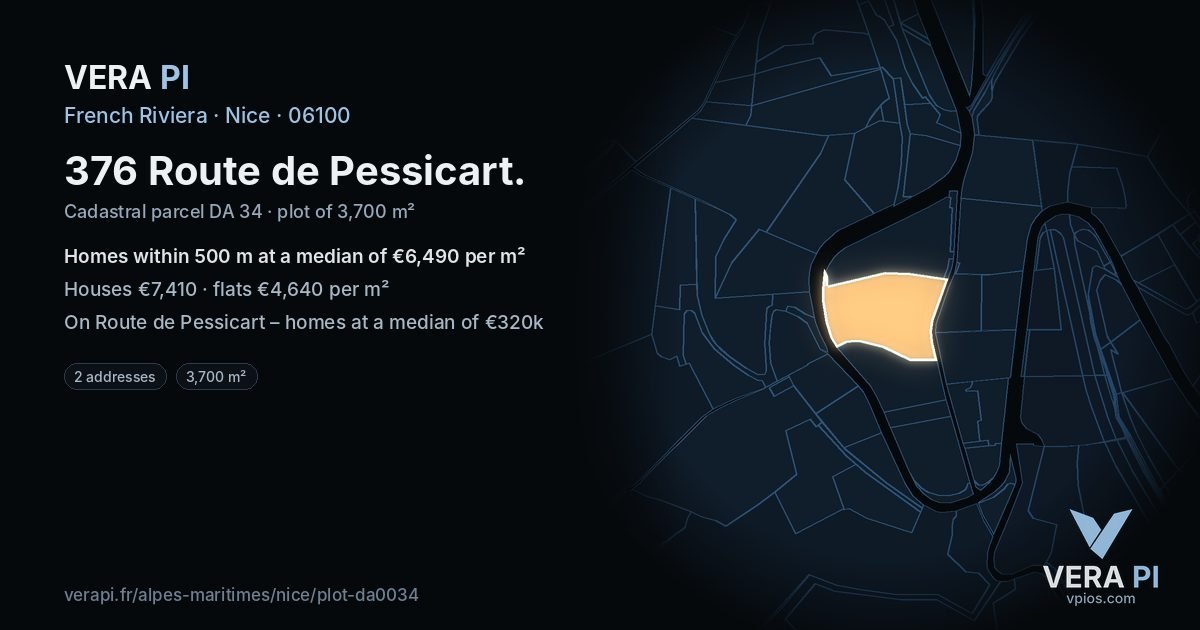 376 Route de Pessicart, Nice at night – the plot lit, the parcels around coloured by the prices near them