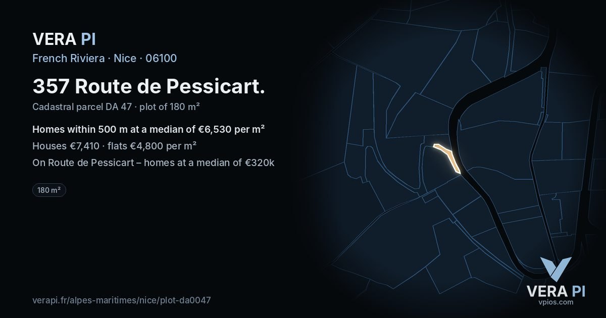 357 Route de Pessicart, Nice at night – the plot lit, the parcels around coloured by the prices near them