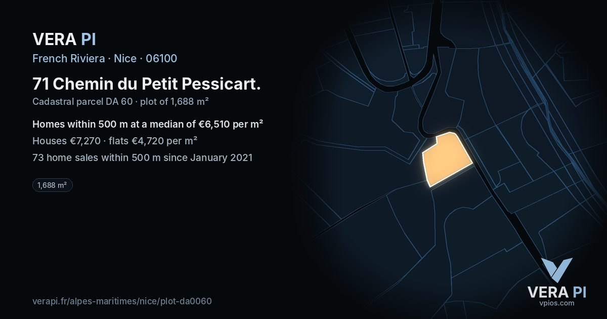 71 Chemin du Petit Pessicart, Nice at night – the plot lit, the parcels around coloured by the prices near them