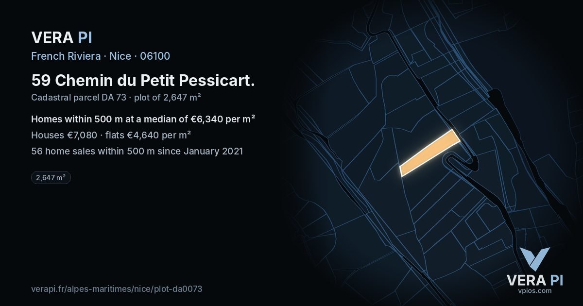59 Chemin du Petit Pessicart, Nice at night – the plot lit, the parcels around coloured by the prices near them