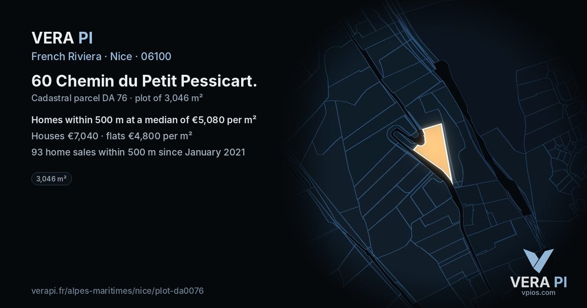 60 Chemin du Petit Pessicart, Nice at night – the plot lit, the parcels around coloured by the prices near them