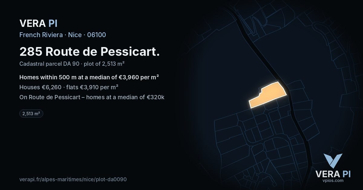 285 Route de Pessicart, Nice at night – the plot lit, the parcels around coloured by the prices near them