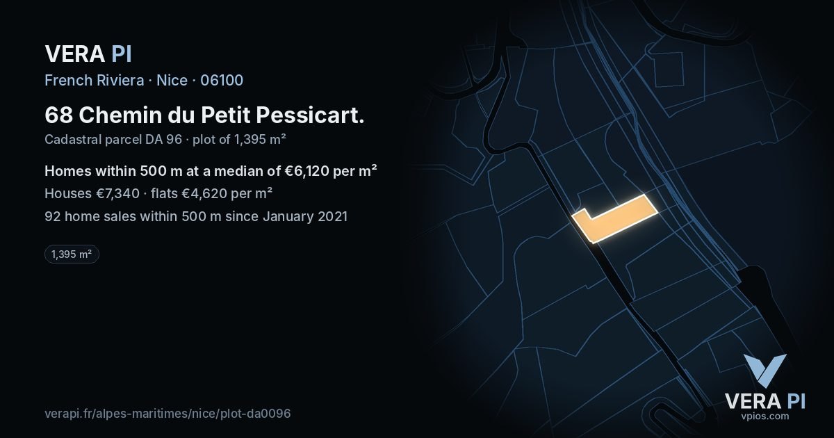 68 Chemin du Petit Pessicart, Nice at night – the plot lit, the parcels around coloured by the prices near them