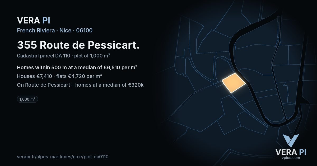 355 Route de Pessicart, Nice at night – the plot lit, the parcels around coloured by the prices near them