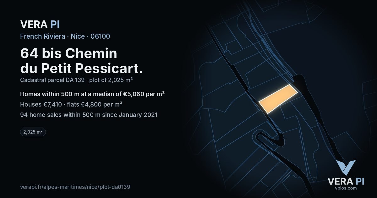 64 bis Chemin du Petit Pessicart, Nice at night – the plot lit, the parcels around coloured by the prices near them