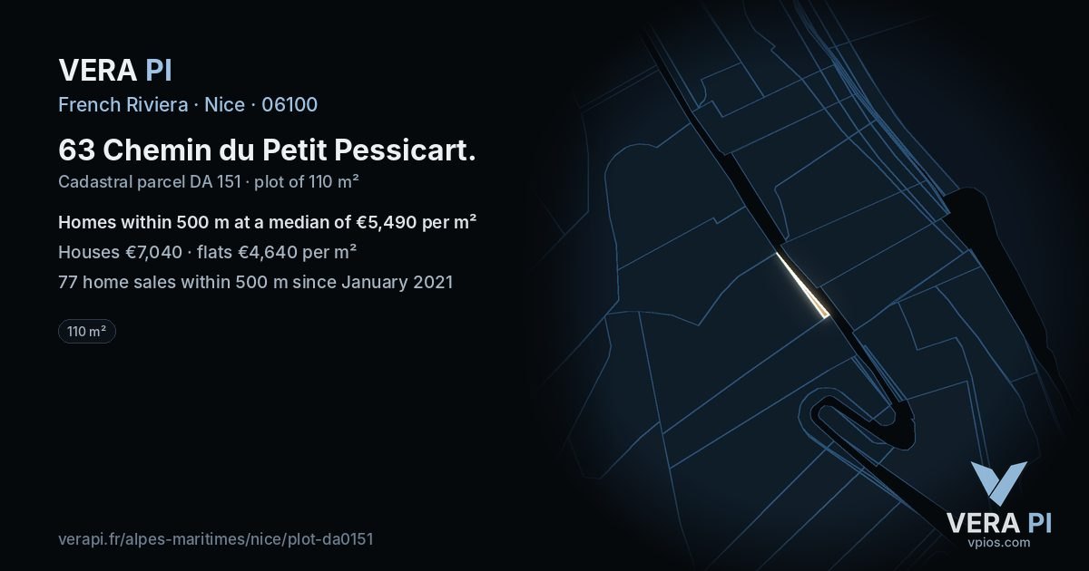 63 Chemin du Petit Pessicart, Nice at night – the plot lit, the parcels around coloured by the prices near them