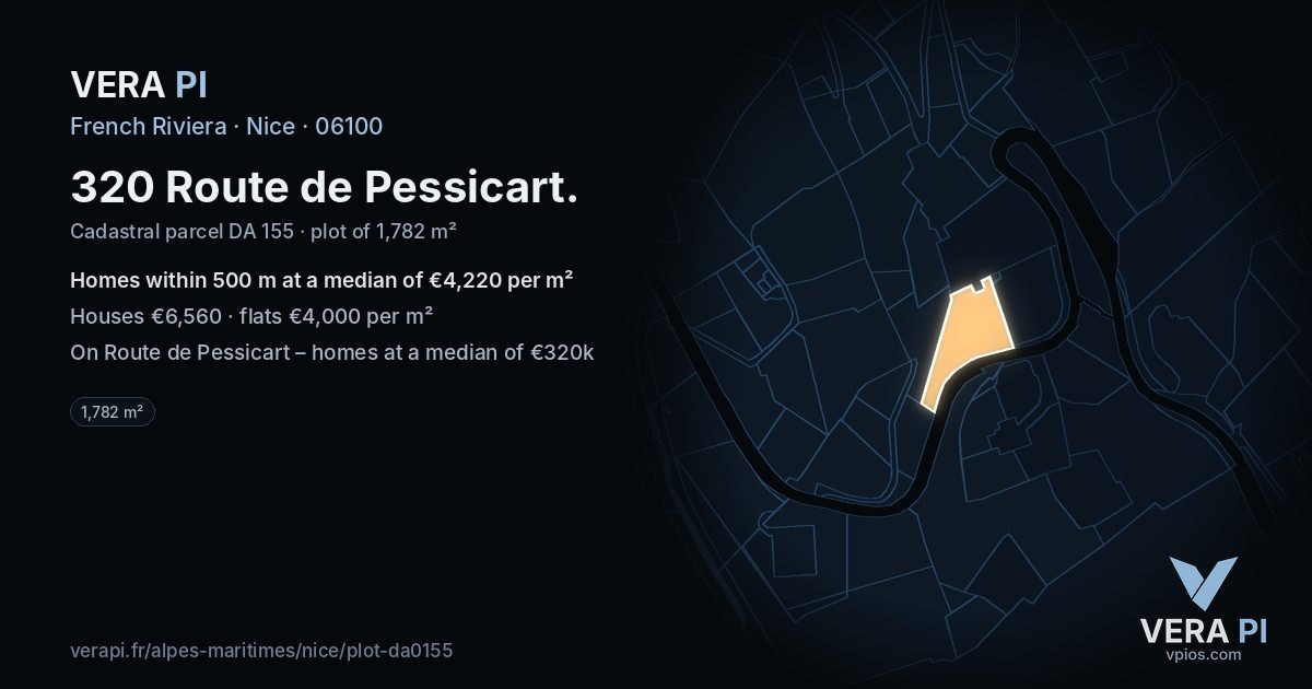 320 Route de Pessicart, Nice at night – the plot lit, the parcels around coloured by the prices near them