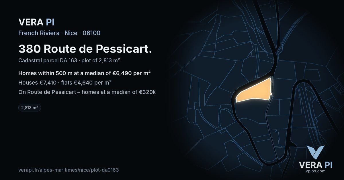 380 Route de Pessicart, Nice at night – the plot lit, the parcels around coloured by the prices near them