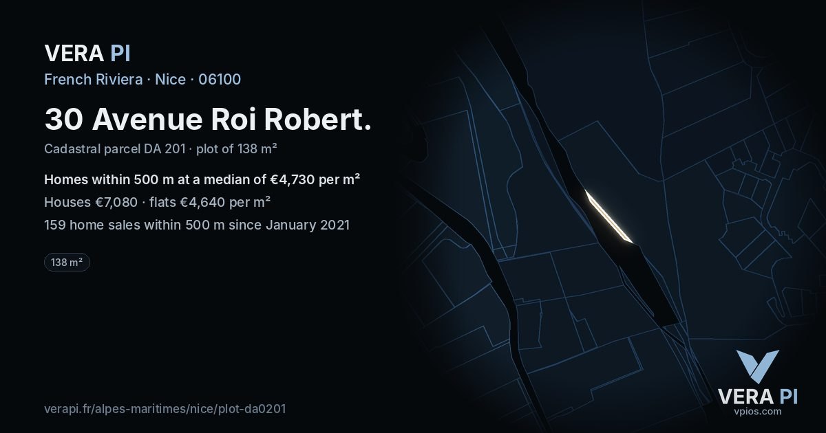30 Avenue Roi Robert, Nice at night – the plot lit, the parcels around coloured by the prices near them