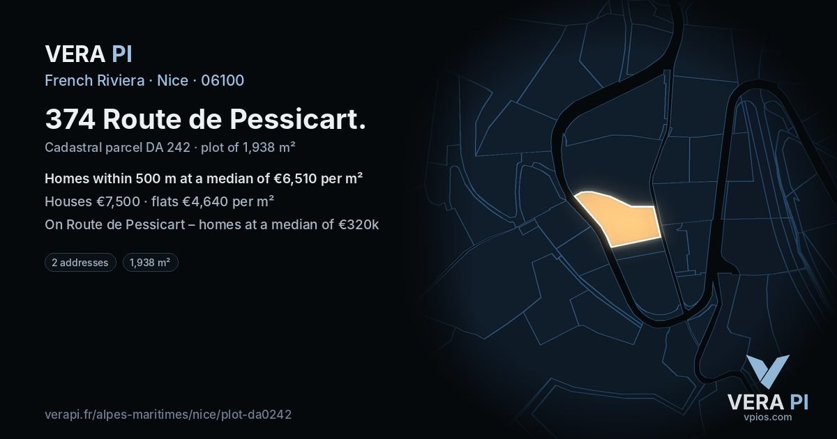 374 Route de Pessicart, Nice at night – the plot lit, the parcels around coloured by the prices near them