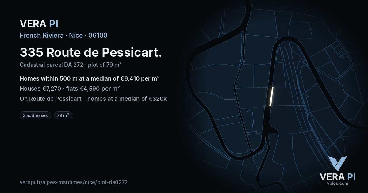 335 Route de Pessicart, Nice at night – the plot lit, the parcels around coloured by the prices near them