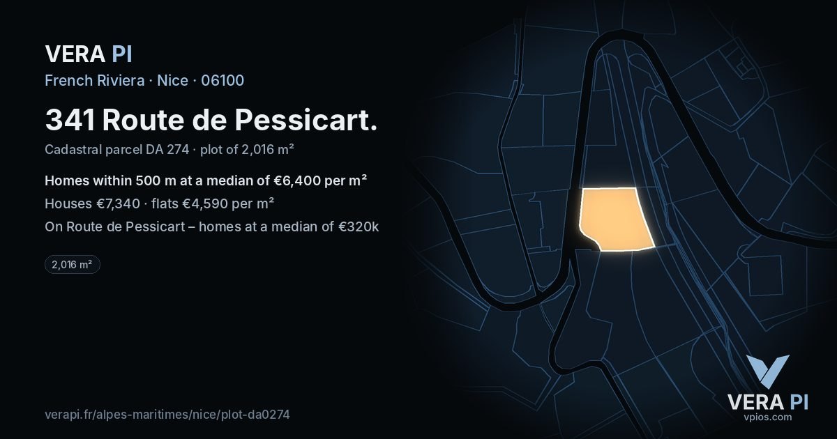 341 Route de Pessicart, Nice at night – the plot lit, the parcels around coloured by the prices near them