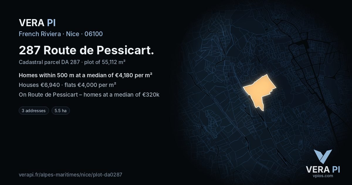 287 Route de Pessicart, Nice at night – the plot lit, the parcels around coloured by the prices near them