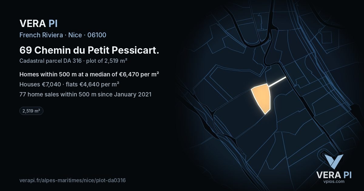 69 Chemin du Petit Pessicart, Nice at night – the plot lit, the parcels around coloured by the prices near them