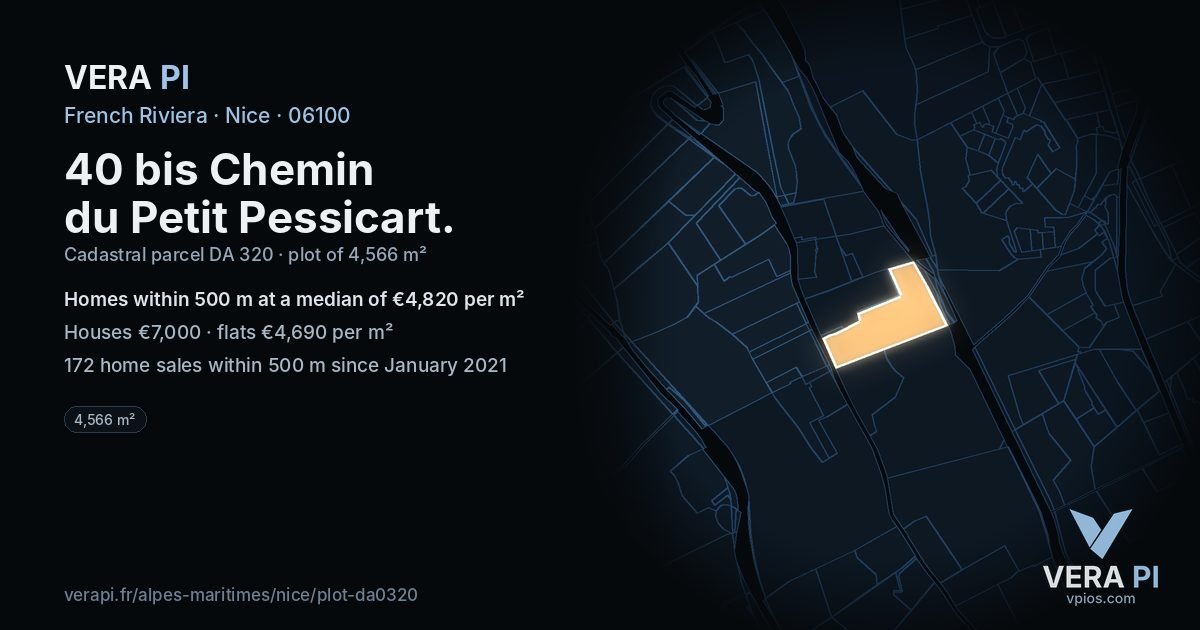 40 bis Chemin du Petit Pessicart, Nice at night – the plot lit, the parcels around coloured by the prices near them