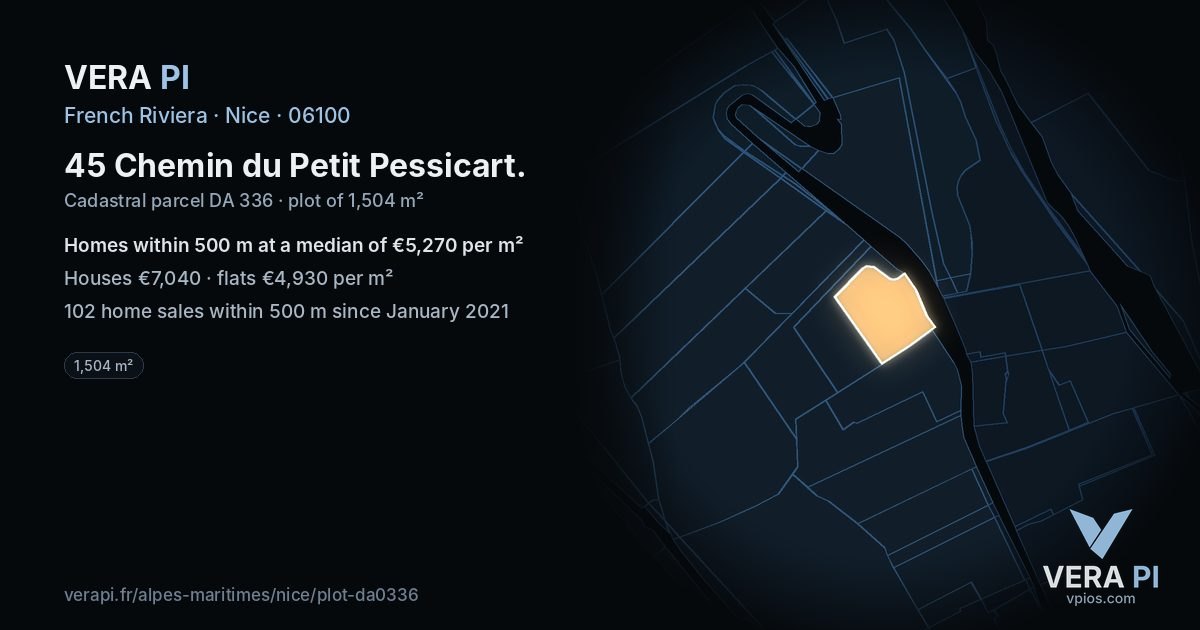 45 Chemin du Petit Pessicart, Nice at night – the plot lit, the parcels around coloured by the prices near them