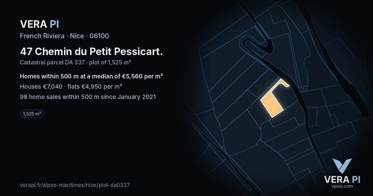47 Chemin du Petit Pessicart, Nice at night – the plot lit, the parcels around coloured by the prices near them