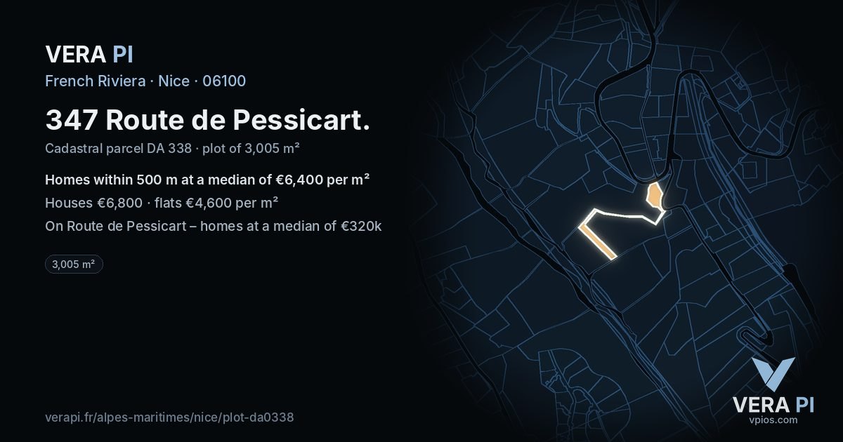 347 Route de Pessicart, Nice at night – the plot lit, the parcels around coloured by the prices near them