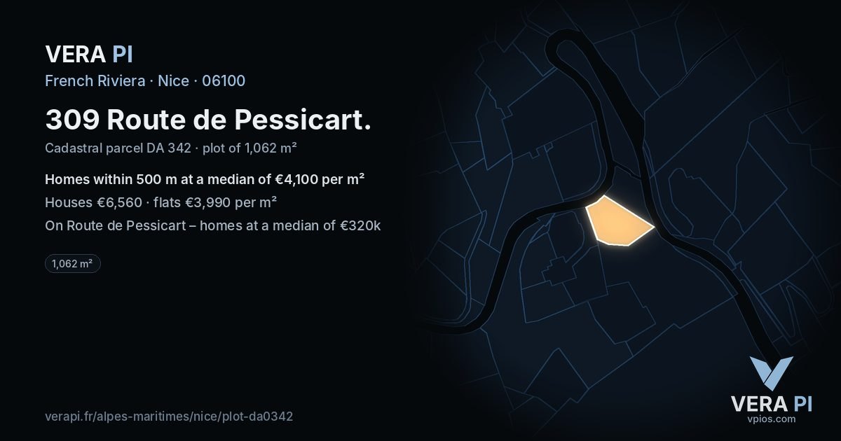 309 Route de Pessicart, Nice at night – the plot lit, the parcels around coloured by the prices near them