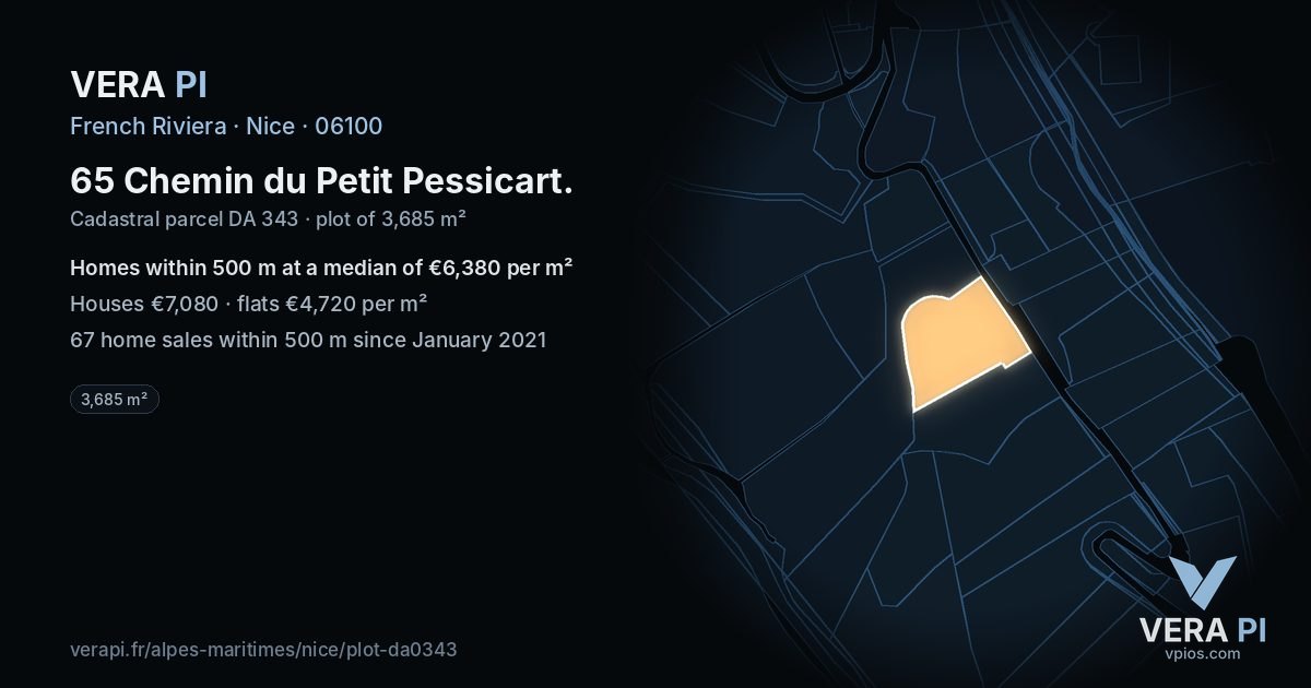 65 Chemin du Petit Pessicart, Nice at night – the plot lit, the parcels around coloured by the prices near them