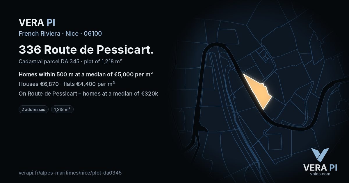 336 Route de Pessicart, Nice at night – the plot lit, the parcels around coloured by the prices near them