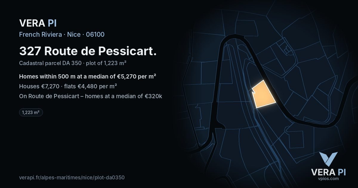 327 Route de Pessicart, Nice at night – the plot lit, the parcels around coloured by the prices near them