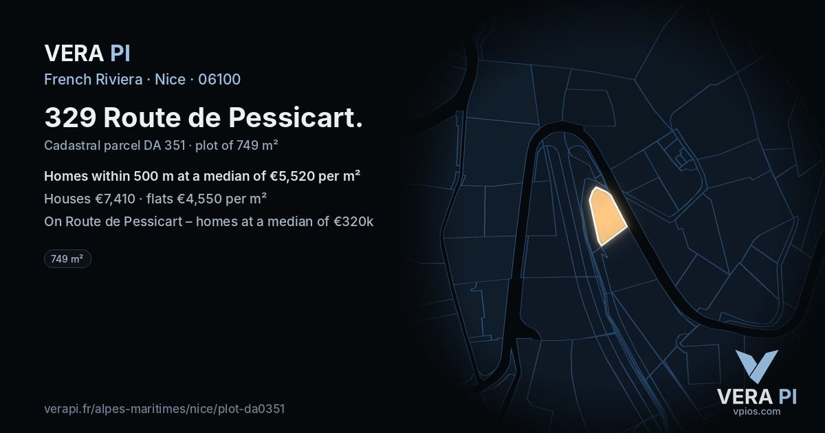 329 Route de Pessicart, Nice at night – the plot lit, the parcels around coloured by the prices near them