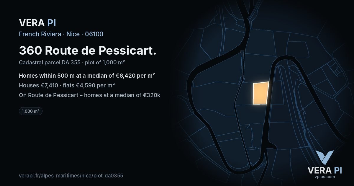 360 Route de Pessicart, Nice at night – the plot lit, the parcels around coloured by the prices near them