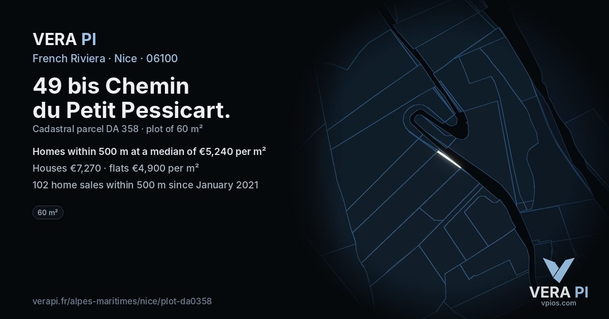 49 bis Chemin du Petit Pessicart, Nice at night – the plot lit, the parcels around coloured by the prices near them