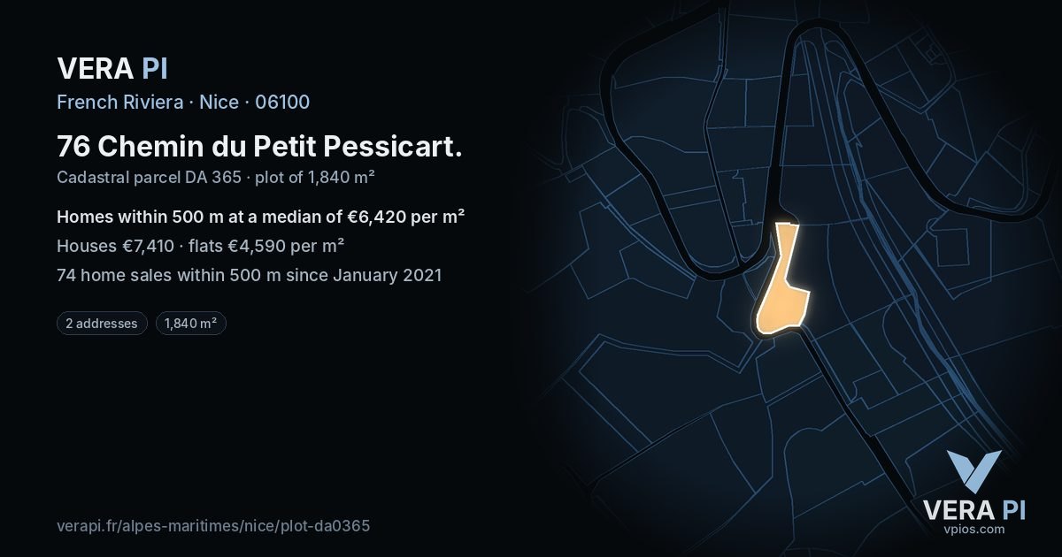 76 Chemin du Petit Pessicart, Nice at night – the plot lit, the parcels around coloured by the prices near them