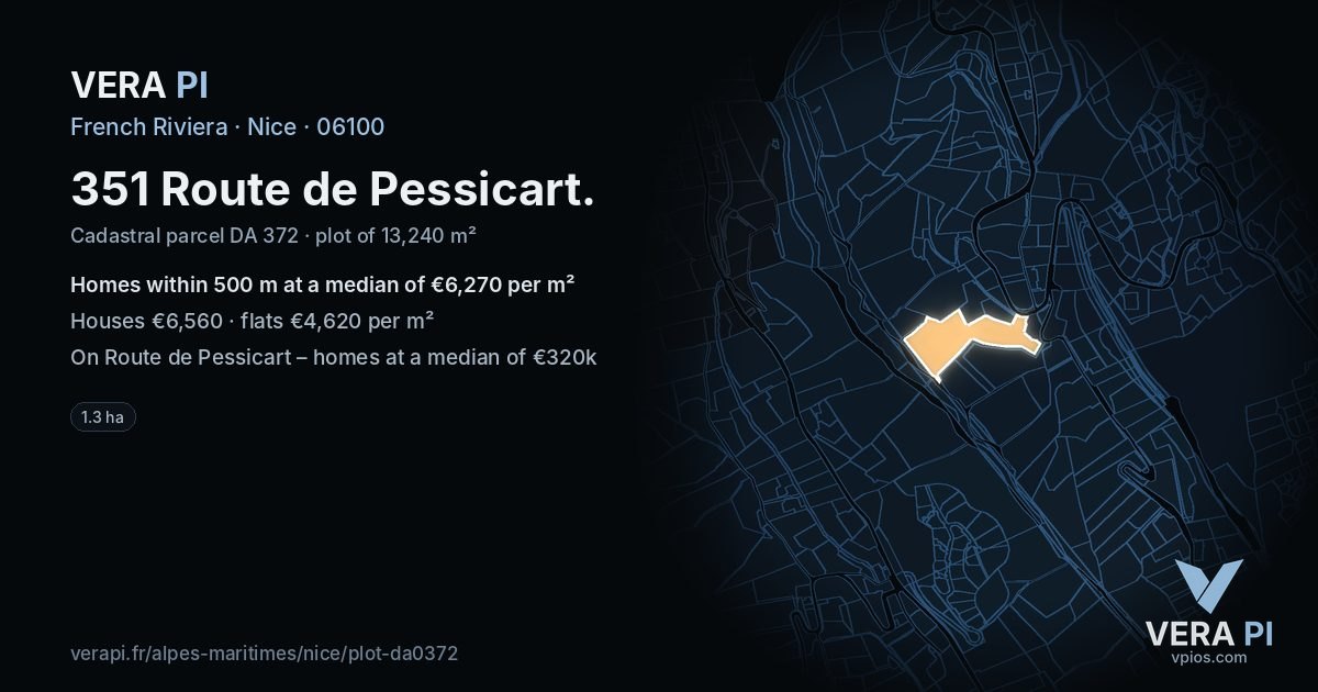 351 Route de Pessicart, Nice at night – the plot lit, the parcels around coloured by the prices near them