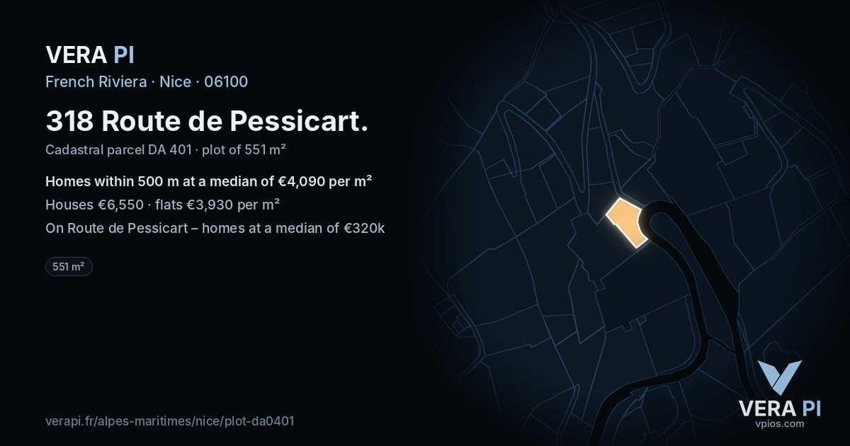 318 Route de Pessicart, Nice at night – the plot lit, the parcels around coloured by the prices near them